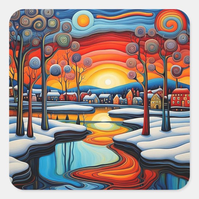 Winter day at sunset 11 square sticker (Front)