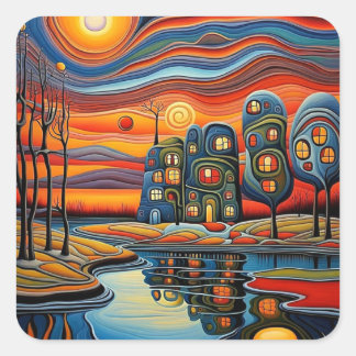 Winter day at sunset 9 square sticker