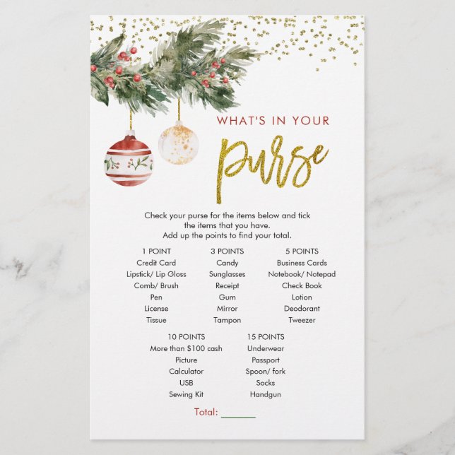 Winter Deck the Halls Bridal Shower Purse Game (Front)