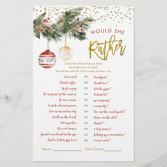 Winter Deck the Halls Bridal Would She Rather (Front)