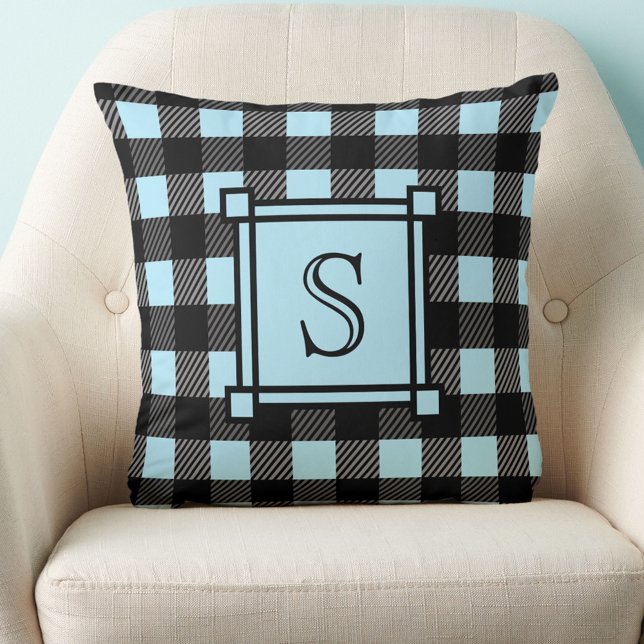 Winter Decor Blue Buffalo Plaid Custom Monogram Cushion (Creator Uploaded)