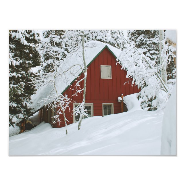 Winter Deep Snow Red House in the Woods Photo Print (Front)