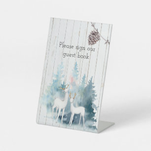 Winter Deer and Foliage on Wood Wedding Pedestal Sign
