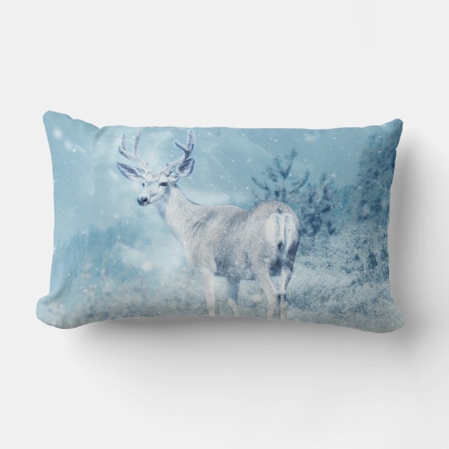 Winter Deer and Pine Trees Lumbar Cushion (Front)