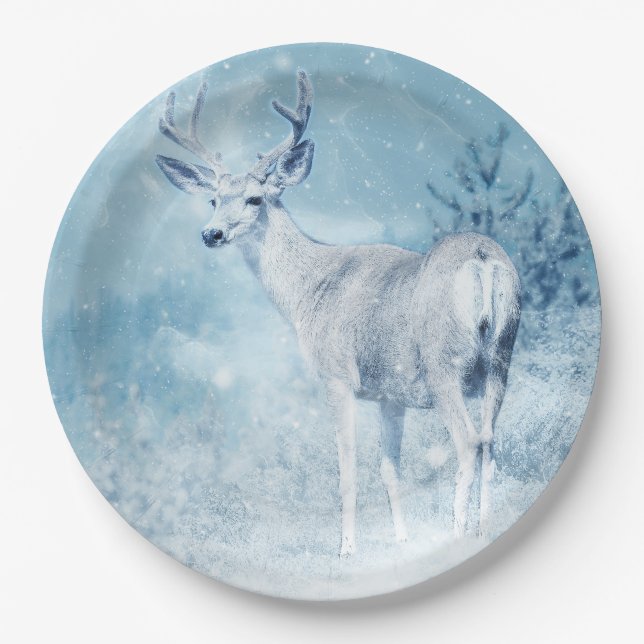 Winter Deer and Pine Trees Paper Plate (Front)