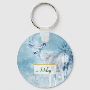 Winter Deer and Pine Trees Personalised Key Ring