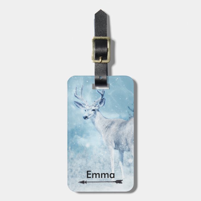 Winter Deer and Pine Trees Personalised Luggage Tag (Front Vertical)