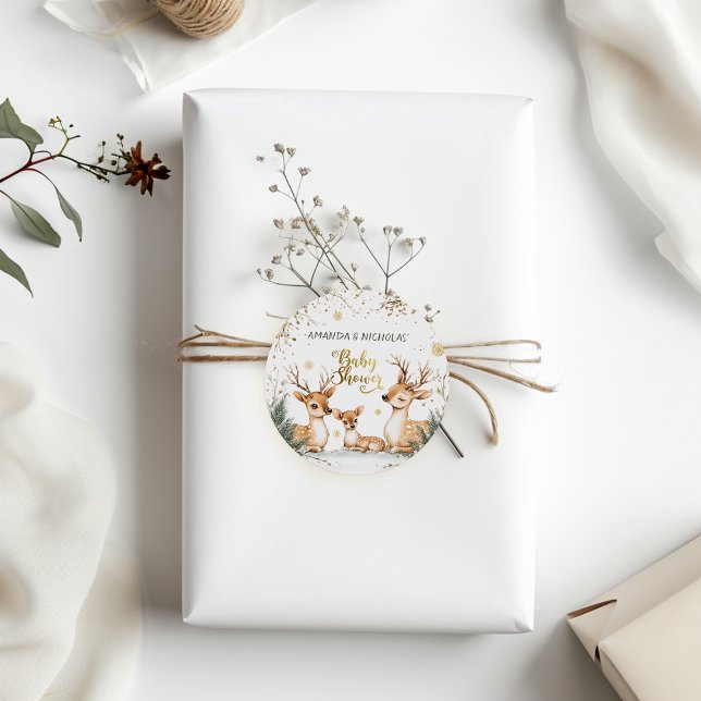 Winter Deer Baby Shower Classic Round Sticker (Creator Uploaded)