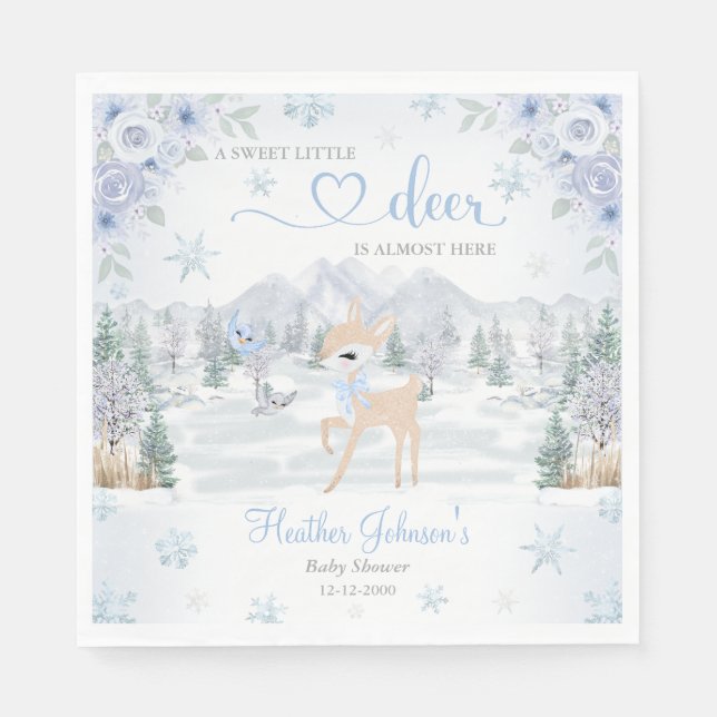 Winter Deer Blue Snowflake Baby Shower Napkin (Front)