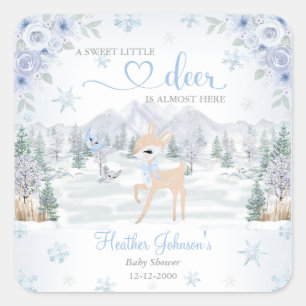 Winter Deer Blue Snowflake Baby Shower Square Sticker