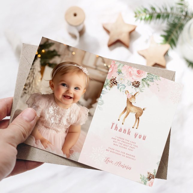 Winter Deer blush pink photo thank you card (Creator Uploaded)