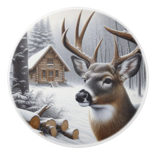 Winter deer/Buck art Ceramic Knob