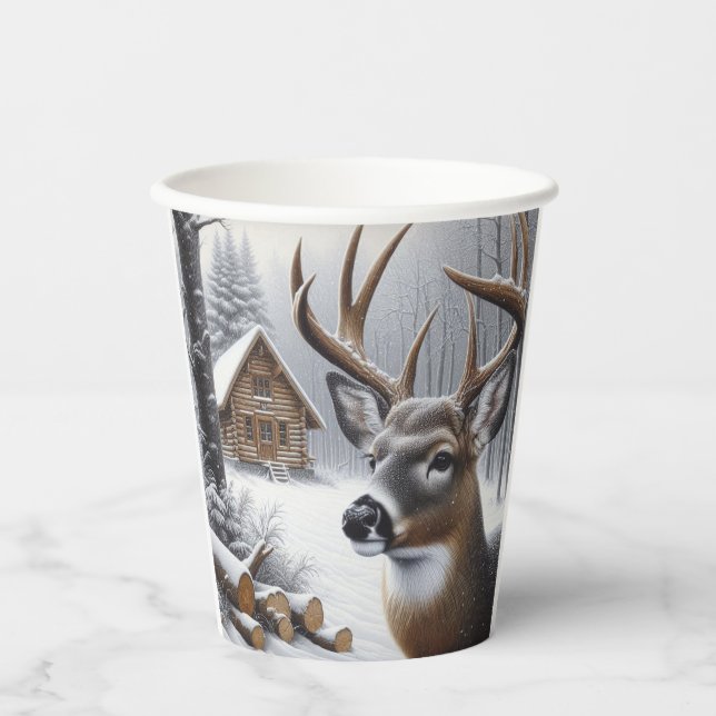 Winter deer/Buck art Paper Cups (Front)