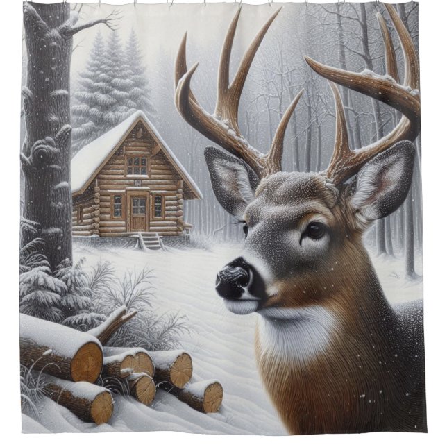 Winter deer/Buck art Shower Curtain (Front)