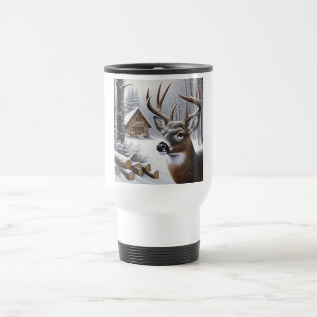 Winter deer/Buck art Travel Mug (Center)