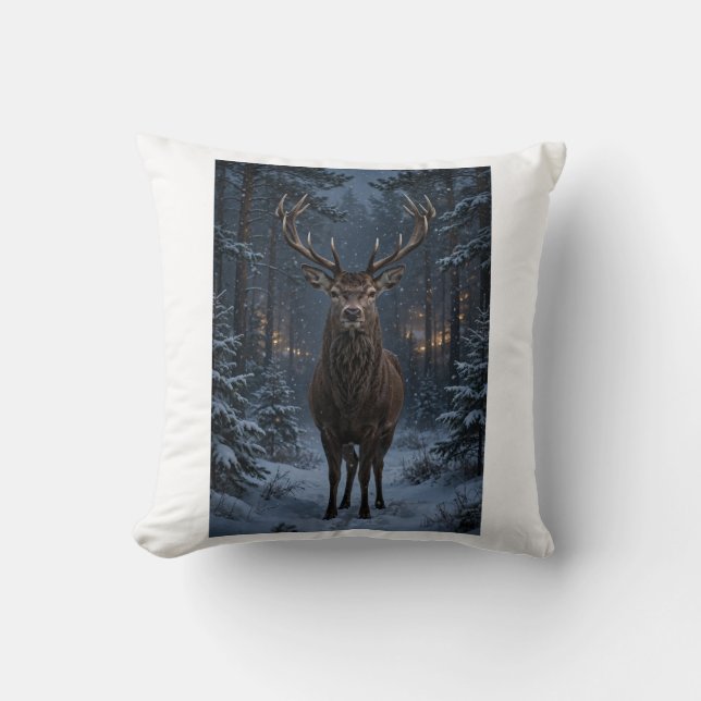 Winter Deer Forest Throw Pillow (Front)