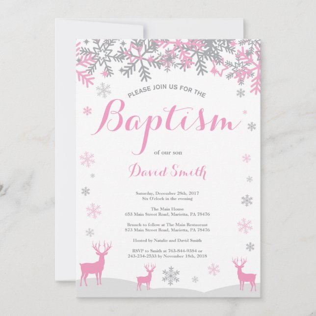 Winter Deer Girl Baptism Invitation (Front)