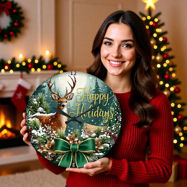 Winter Deer Happy Holidays Large Clock (Creator Uploaded)