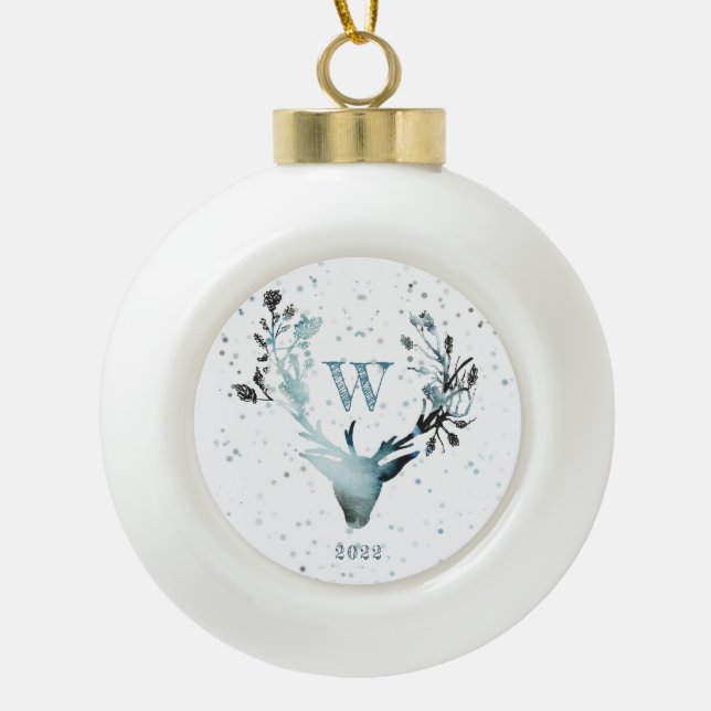 Winter Deer head Silver Blue Monogram Christmas  Ceramic Ball Christmas Ornament (Front)