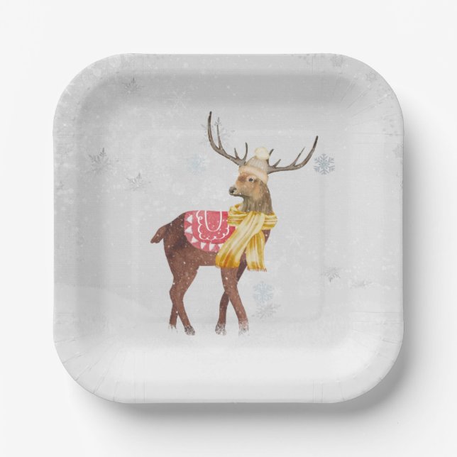 Winter Deer In Snowflakes Paper Plate (Front)