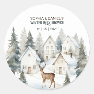 Winter Deer in Village Watercolor Baby Shower Classic Round Sticker