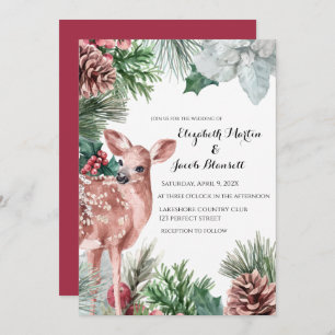 Winter Deer, Pinecones, and Holly Wedding Invitation