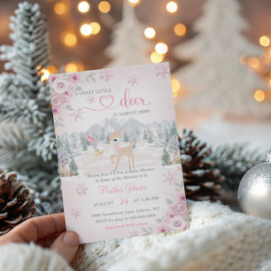 Winter Deer Pink Snowflake Baby Shower Invitation