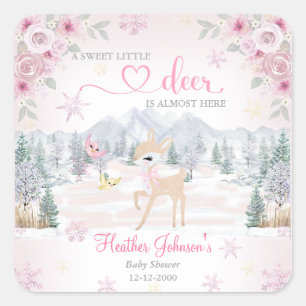 Winter Deer Pink Snowflake Baby Shower  Square Sticker
