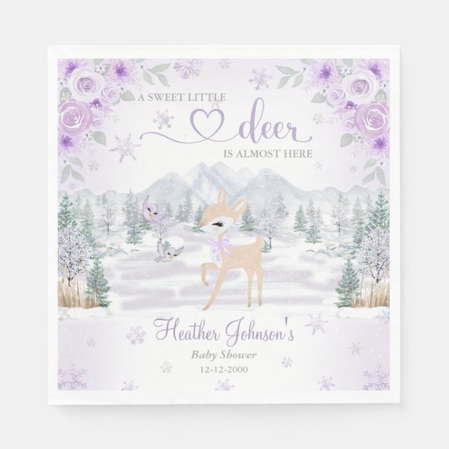 Winter Deer Purple Snowflake Baby Shower Napkin (Front)