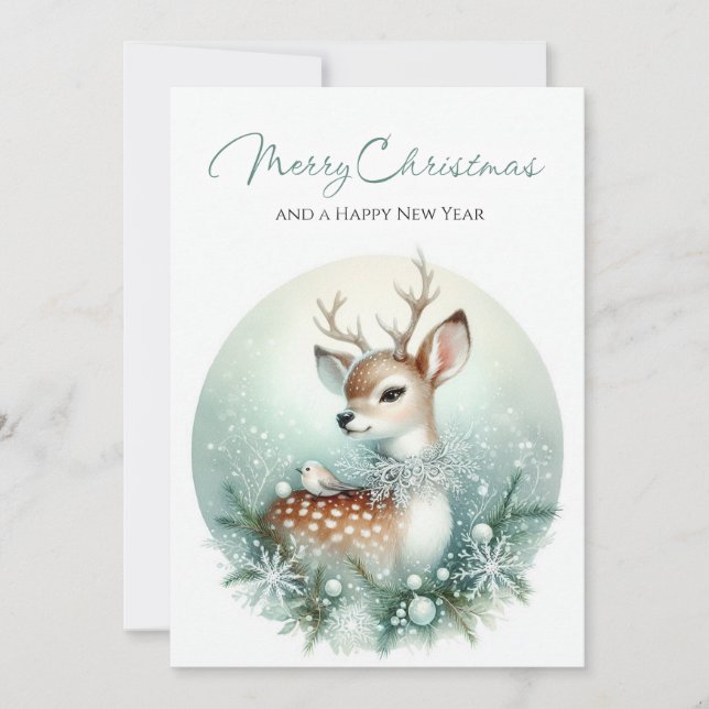Winter Deer & Snowflake Collar Holiday Card (Front)