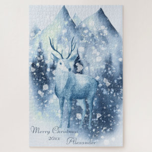 Winter Deer Snowy Mountain Christmas Jigsaw Puzzle