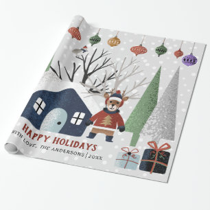 Winter deer, trees and house Christmas holiday Wrapping Paper