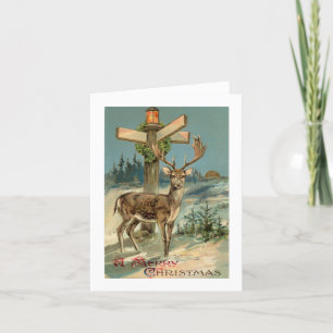 Winter deer vintage illustration Christmas card 