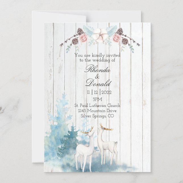 Winter Deer Watercolor on Wood Wedding  Magnetic Invitation (Front)