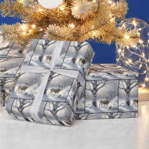 Winter Deer With Heart On Birch Tree Wrapping Paper