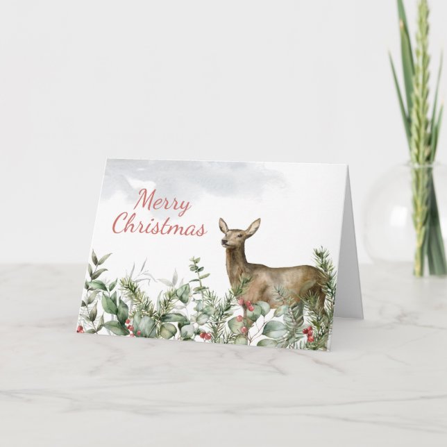 Winter Deer with Holiday Pines Christmas Card (Front)