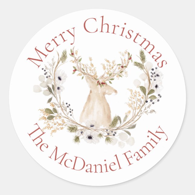 Winter Deer Wreath Holiday Classic Round Sticker (Front)