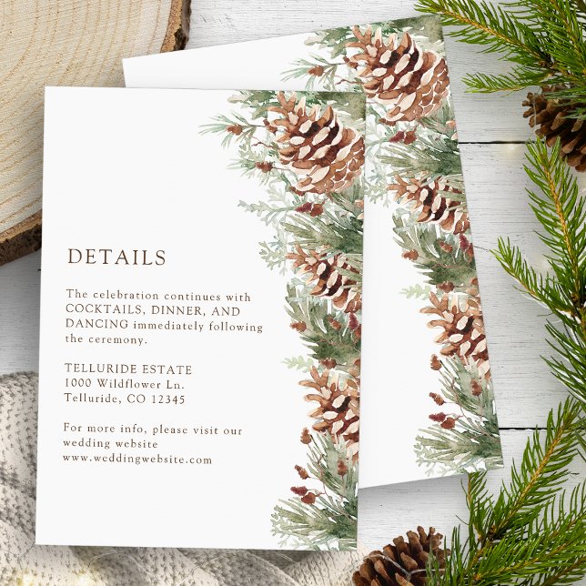 Winter Details Card (White Winter Watercolor Evergreen Pinecones Details Enclosure Card by Painted Paperie)