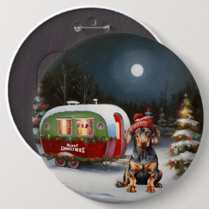 Winter Doberman Caravan Christmas Adventure  6 Cm Round Badge