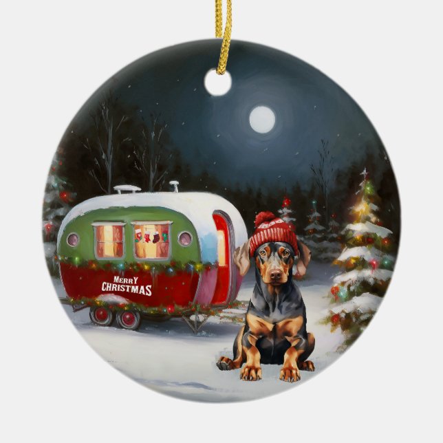 Winter Doberman Caravan Christmas Adventure  Ceramic Tree Decoration (Front)