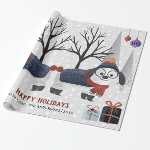 Winter dog and trees Happy holidays Christmas Wrapping Paper