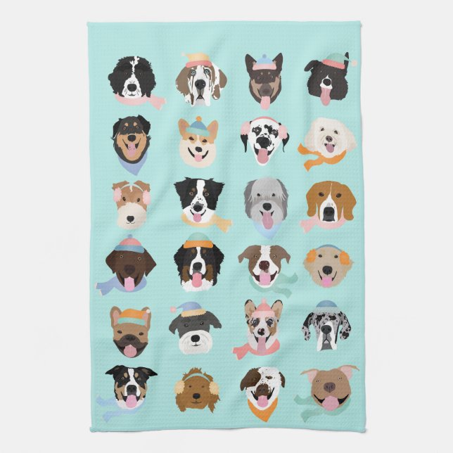 Winter Dog Faces Tea Towel (Vertical)