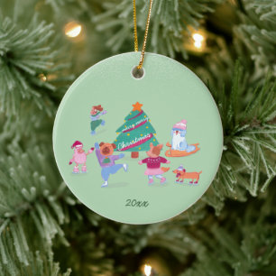 Winter Dogs Ice Skating Moss Green Christmas Photo Ceramic Tree Decoration