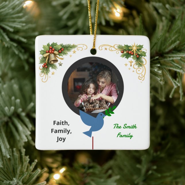 Winter Dove and Olive Branch Two Photo Christmas Ceramic Ornament (Tree)