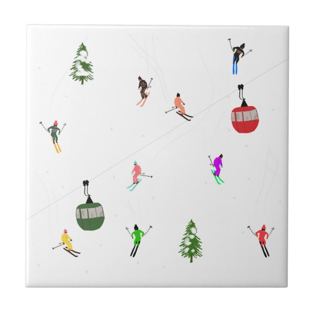 Winter Downhill Aerial Skiers Skiing Pattern Tile (Front)