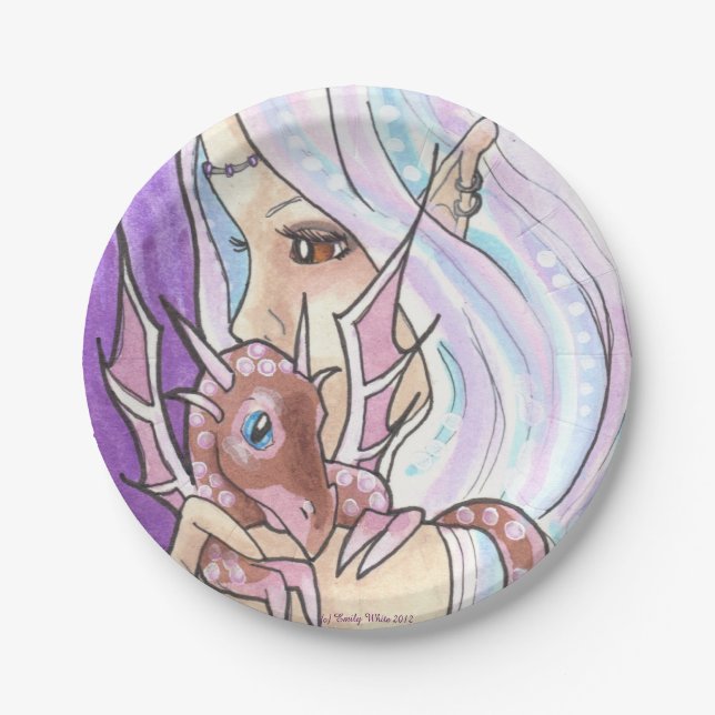 Winter Dragon + Nymph fantasy art Paper Plates (Front)