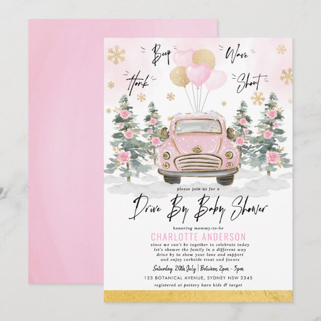 Winter Drive By Baby Shower Pink Gold Floral Car Invitation (Front/Back)