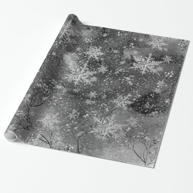 Winter Dusk Night Silver Berries & Snowflakes Wrapping Paper (Unrolled)