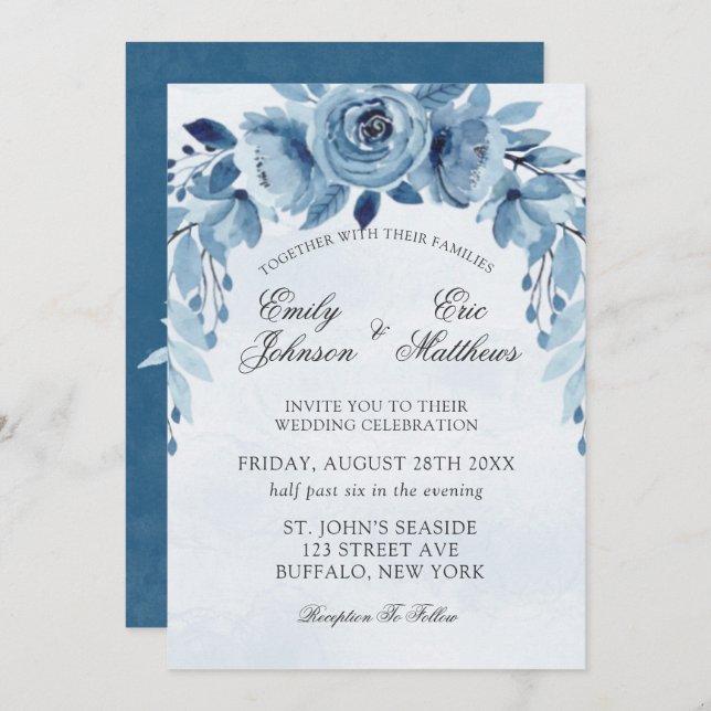 Winter Dusty Blue and Navy Oleander Peony Wedding Invitation (Front/Back)