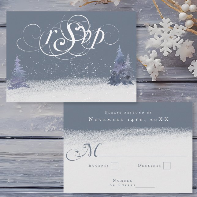 Winter Dusty Blue and White Woodland Wedding RSVP Card (A dusty blue and white winter wedding RSVP card with calligraphy, pine trees, and falling snow.)